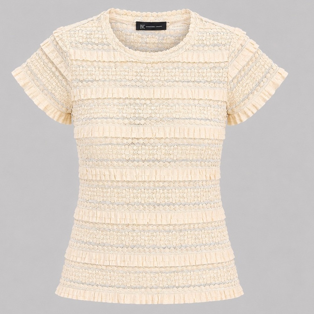 INC International Concepts Retro Romance Ivory Lace Ruffle Top Petite Medium NEW